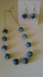Fimo beads made into necklace and earrings.